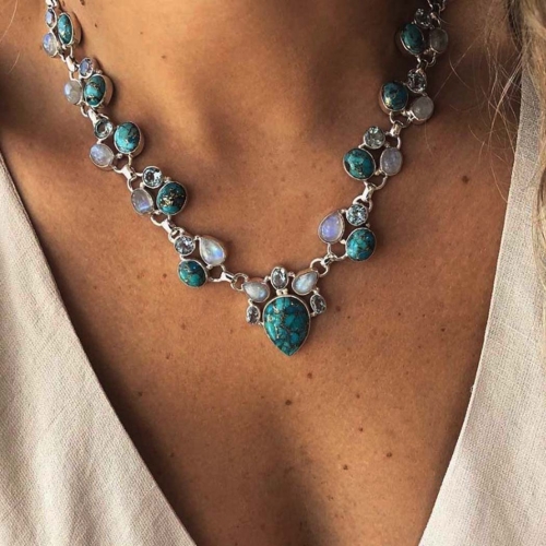 Edary Boho Turquoise Necklace Silver Pendant Necklaces Opal Stone Jewelry for Women and Girls