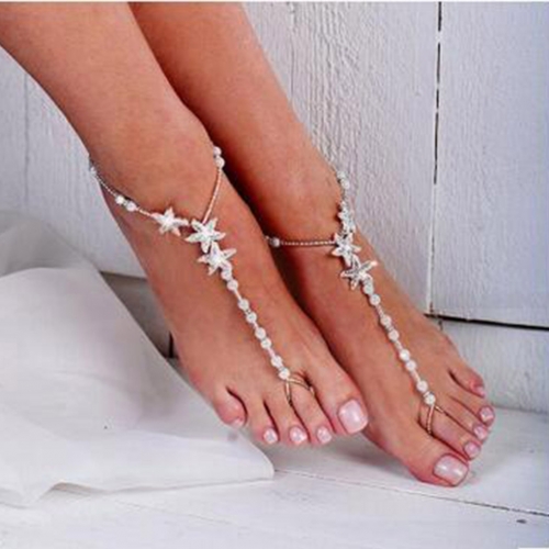 Zoestar Boho Pearl Anklets Wedding Beach Starfish Crystal Ankle Bracelet Summer Bridal Ankle Foot Chain Jewelry for Women and Girls（2 PCs）
