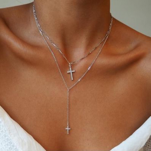 Vintage Double Layered Necklace Silver Jesus Cross Pendant Necklaces Chain Jewelry for Women and Girls
