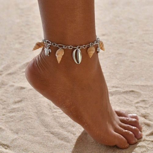 Zoestar Boho Shell Anklets Chain Silver Turtle and Starfish Pendent Ankle Bracelets Beach Adjustable Foot Jewelry for Women and Girls