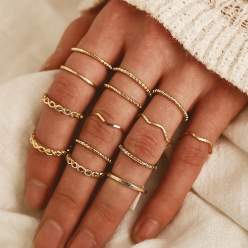Vintage  V-Shaped Finger Rings Set   Gold Joint Ring Multi Size Crystal Stacking Knuckle Rings 14pc Boho Mid Ring for Women and Girls