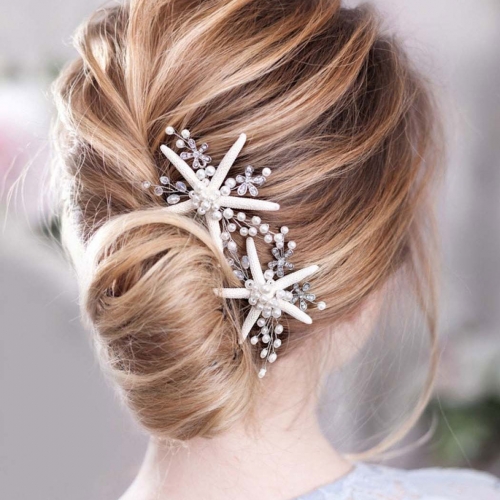 Unicra Starfish Bride Wedding Hair Pins Silver  Pearl Bridal Hair Pieces Rhinestones and Flower Hair Accessories for Women and Girls ( Pack of 2)