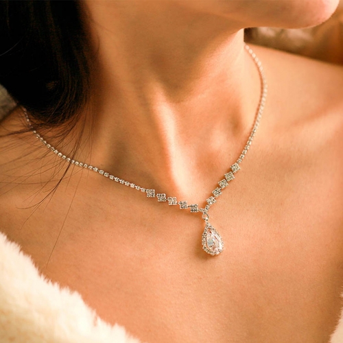 Bride Wedding Crystal Necklace Chain Silver Bridal Water Drop Pendent Jewelry for Women and Girls