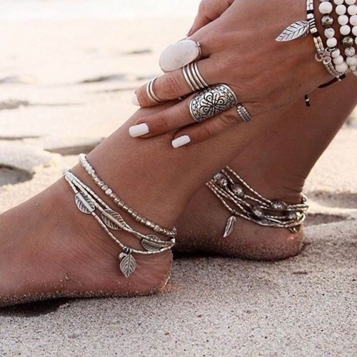 Zoestar Boho Layered Anklets Chain Silver Leaf Ankle Bracelets Beach Adjustable Foot Jewelry for Women and Girls