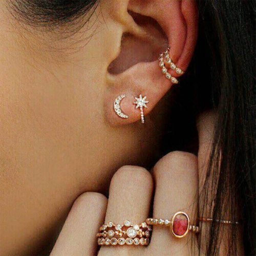 Edary Vintage Gemstone Knuckle Rings Moon Stud Earrings Set Gold Joint Knuckle Ring Set Rings for Women and Girls.(8PCS)