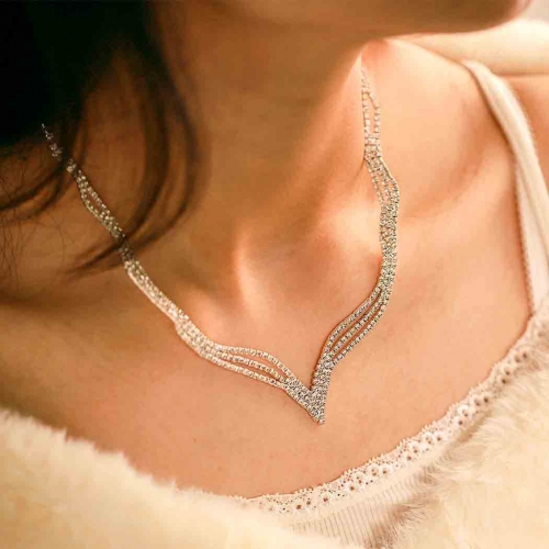 Bride Wedding Crystal Necklace Chain Silver Bridal Necklaces Prom Jewelry Sets for Women and Girls