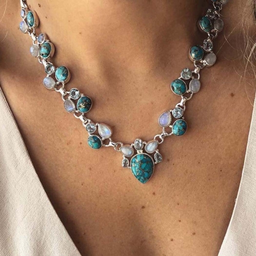 Boho Turquoise Pendant Necklaces Silver Opal Beach Necklace Chain Crystal Jewerly for Women and Girls