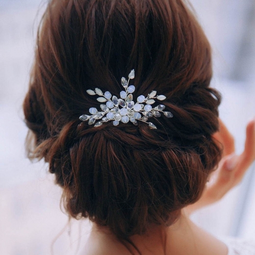Unicra Rhinestone Bride Wedding Hair Comb Silver Leaf Bridal Hair Pieces Opal Hair Clip Hair Accessories for Women and Girls