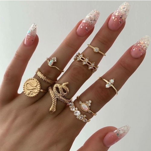 Edary Boho Ring Set Gold Rhinestone Opal Joint Knuckle Rings Jewelry Accessories for Women and Girls (9 PCS)