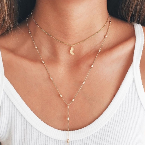 Boho Double Layered Necklace Gold Moon Pendant Necklaces Chain Choker Jewelry for Women and Girls
