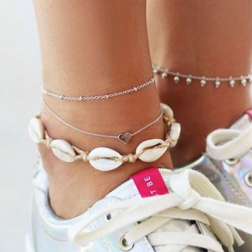 Boho Layered Shell Anklets Chain Silver Lover Pendent Ankle Bracelets Beach Adjustable Foot Jewelry for Women and Girls