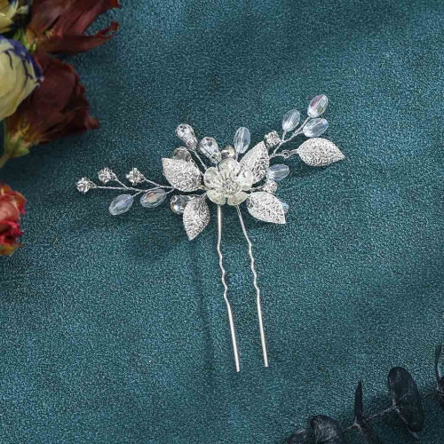 Unicra Flower Bride Wedding Hair Pins Silver Leaf Bridal Hair Pieces Crystal Headpiece Hair Accessories for Women and Girls