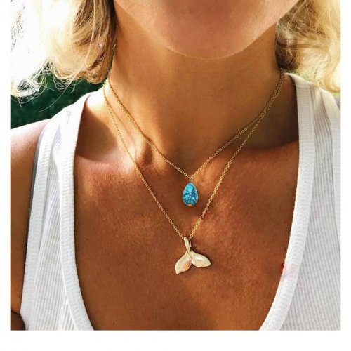 Layered Mermaid Tail Necklace Chain Gold Turquoise Necklaces Jewelry for Women and Girls