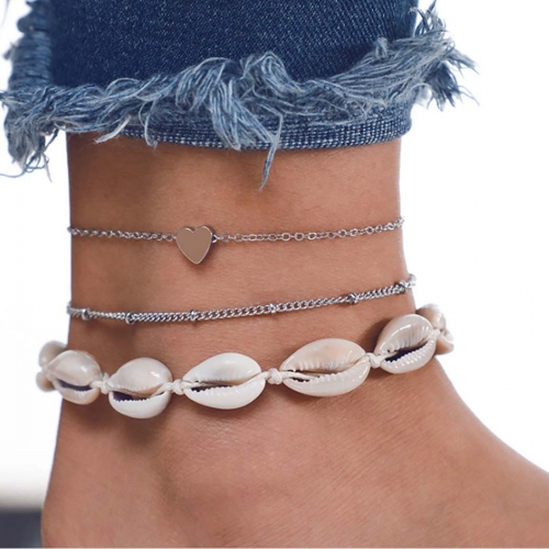Shell Layered Anklet Bracelets Beaded Heart Foot Ankle Beach Jewelry for Women and Girls（3 PCs）