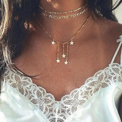 Boho Layered Necklaces Gold Star Beach Pendant Necklace Chain Choker Jewerly for Women and Girls