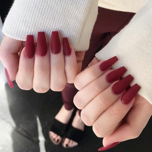 Brishow Coffin Matte Press on Nails Red Ballerina False Nails Pure Color Full Cover Fake Nail Tip for Women