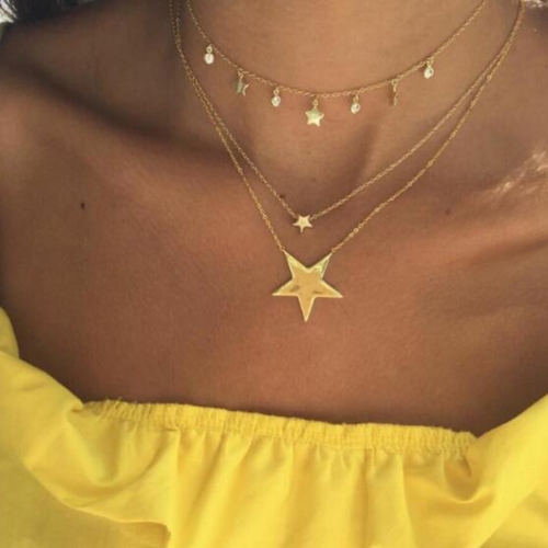 Edary Boho Layered  Pendant  Necklaces Gold Star Crystal Necklace Chain Rhinestones Jewerly for Women and Girls