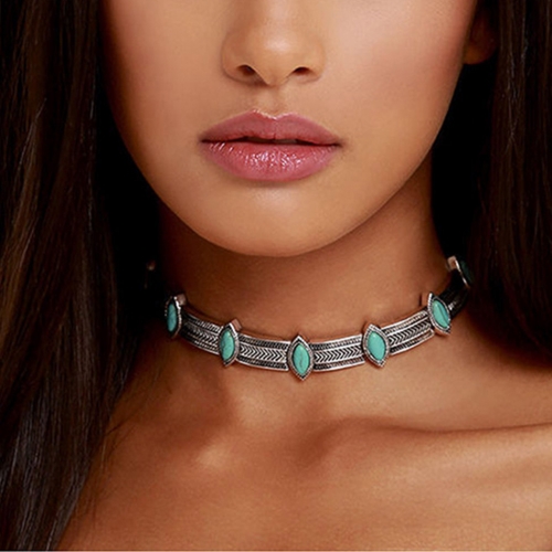 Vintage Turquoise Necklace Silver Choker Necklaces Chain Adjustable Jewelry for Women and Girls