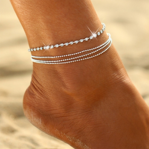 Zoestar Boho Anklet Silver Crystal Ankle Bracelets Layered Foot Chain Beaded Anklet Chain Jewerly for Women and Girls