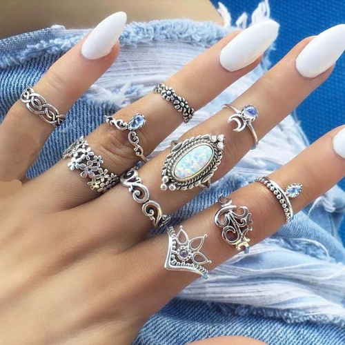 Edary Boho Finger Ring Set Silver Rhinestone Joint Knuckle Rings Hollow Carved Stackable Ring for Women and Girls(10PCS)