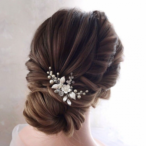 Unicra Flower Bride Wedding  Hair Pins Silver Leaf Bridal Headpiece Pearl Hair Accessories for Women and Girls