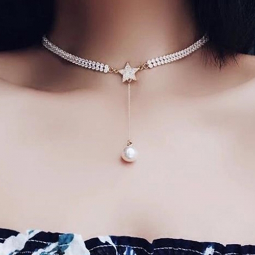 Boho Crystal Star Necklace Choker Gold  Pearl Pendent Necklaces Jewelry for Women and Girls