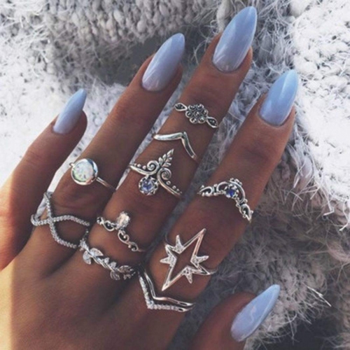 Edary Boho Finger Rings Silver Joint Ring Sets Rhinestone Hand Jewelry for Women and Girls(10PCS)