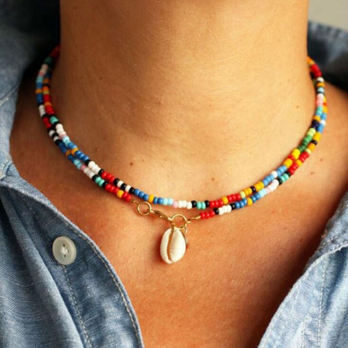 Boho Shell Choker Necklaces Beaded Necklace Adjustable Chain Beach Jewelry for Women and Girls(Colorful)