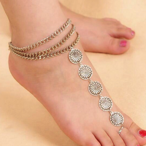 Zoestar Boho Layered Anklet Silver Flower Coin Anklets Summer Beach Vintage Ankle Foot Chain Jewelry for Women and Girls