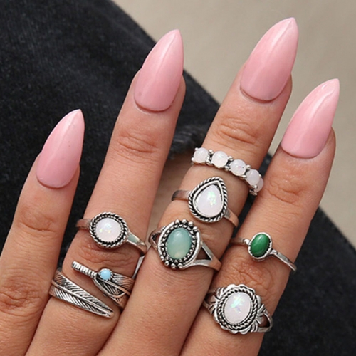 Edary Vintage Rings Sliver Joint Knuckle Ring Set Rhinestone Hand Jewelry for Women and Girls (7 PCS)