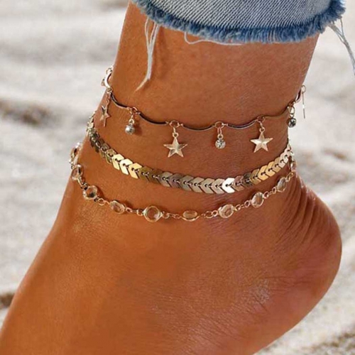 Zoestar Boho Layered Fishbone Anklet Gold Rhinestones Ankle Bracelets Star Tassel Anklets Crystal Foot Jewelry for Women and Girls