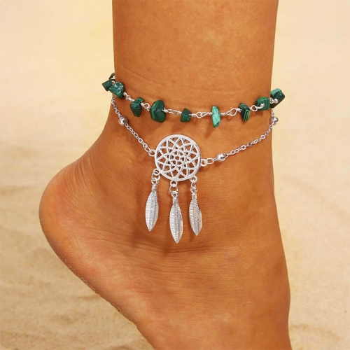 Zoestar Layered Dream Catcher Anklets Silver Leaf Tassel Ankle Bracelets Turquoise Foot Jewelry for Women and Girls