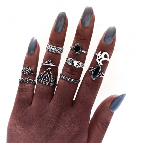 Vintage Rings Silver Joint Knuckle Ring Set Rhinestone Hand Jewelry for Women and Girls(10 PCS)
