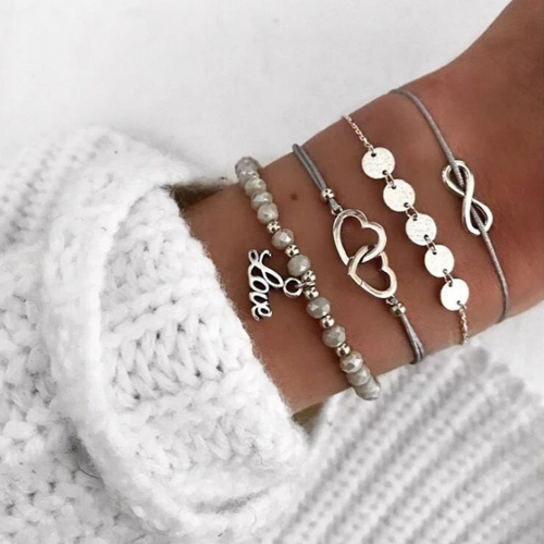 Edary Boho Layered Heart Bracelet Set Silver Beaded Hand Accessories Sequins Charm Bangles Jewelry for Women Girls (4 pcs)