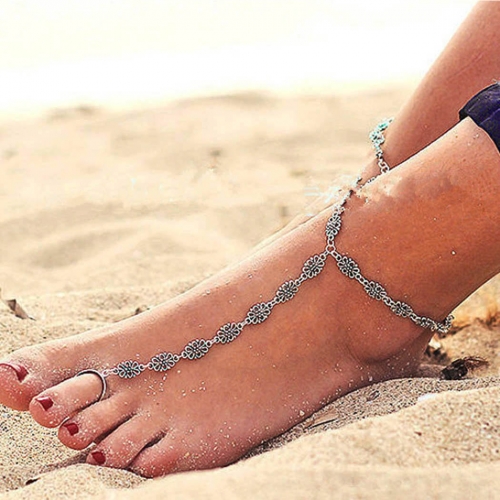 Boho Anklet Silver Flower Anklets Beach Ankle Bracelet Chain for Women and Girls