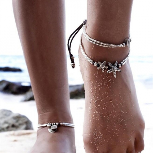 Zoestar Boho Anklet Silver Starfish Ankle Bracelet Beaded Foot Jewelry for Women and Girls
