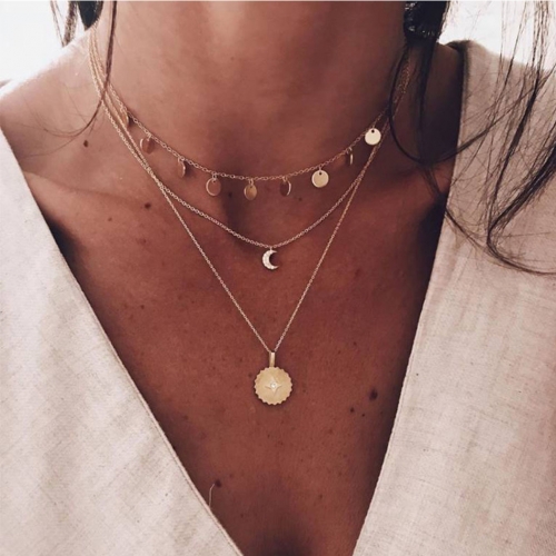 Boho Layered Crystal Necklace Gold Coin Pendant Necklaces Chain Sequins Choker Jewelry for Women and Girls
