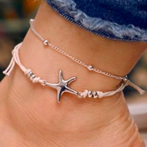 Boho Anklet Silver Beaded Anklets Starfish Ankle Bracelet Beach Ankle Jewelry Chain for Women and Girls