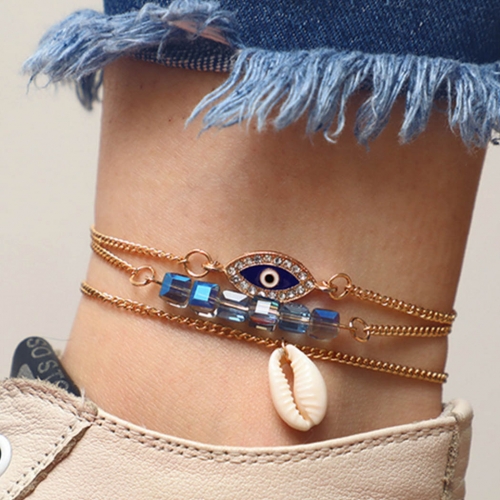 Boho Layered Anklet Gold Crystal Anklets Shell Ankle Bracelet Eye Ankle Chain Pendant Foot Jewelry Chain for Women and Girls