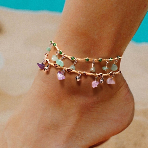Boho Layered Crystal Anklet Bracelets Beaded Ankle Chain Bell  Braided Bracelet Adjustable Jewelry for Women and Girls