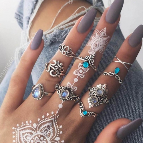 Edary Boho Finger Ring Set Silver Rhinestone Joint Knuckle Rings Hollow Carved Stackable Ring for Women and Girls(9PCS)