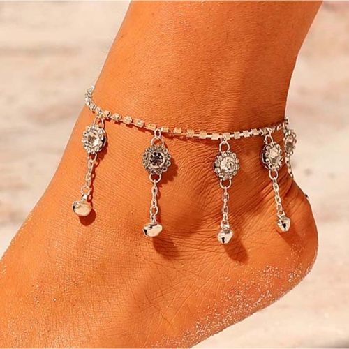 Crystal Tassel Anklet Bracelets Flower Bells Ankle Charm Silver Jewelry for Women and Girls