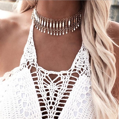 Boho Sequin Necklace Choker Gold Tassel Necklaces Chain Jewelry for Women and Girls