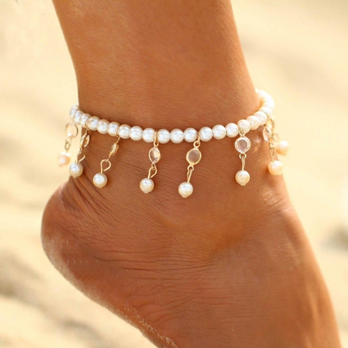 Zoestar Boho Pearl Anklets Rhinestone Gold  Ankle Bracelets Summer Adjustable Tassel Foot Jewelry for Women and Girls