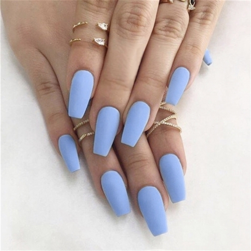 Brishow Coffin False Nails Matte Fake Nails Ballerina Acrylic Stick on Nails Artificial Full Cover Press on Nails 24Pcs for Women and Girls (Blue)
