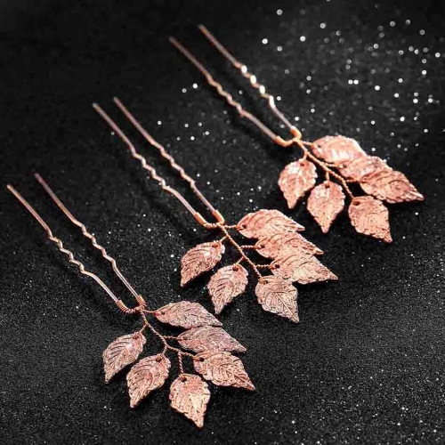 Unicra Leaf Bride Wedding Hair Pins Rose Gold Bridal Hair Accessories Hair Pieces for Women and Girls (Pack of 3)