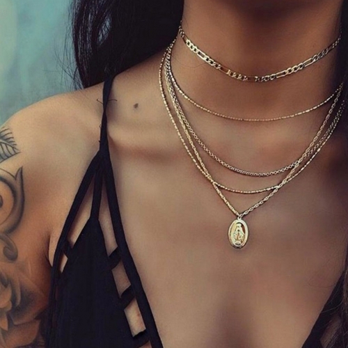 Fashion Layered Necklaces Coin Pendants Stainless Steel Necklace Adjustable Chain Beach Jewelry for Women and Girls(Gold)