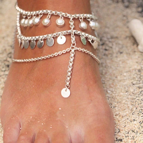 Zoestar Boho Pearl Anklets Silver Sequins Tassel Ankle Bracelet Summer Beach Ankle Foot Chain Jewelry for Women and Girls (1 PCS)