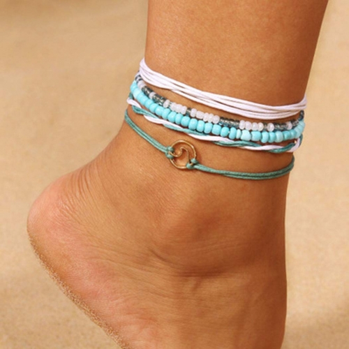 Zoestar Boho Layered Anklets Turquoise Beaded Ankle Bracelet Wave Anklet Braided Foot Jewelry for Women and Girls
