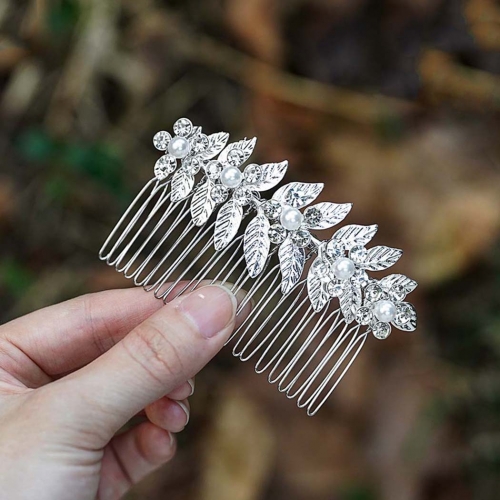 Pearl Bride Wedding Hair Comb Crystal Bridal Hair Accessories Leaf Hair Piece for Women and Girls